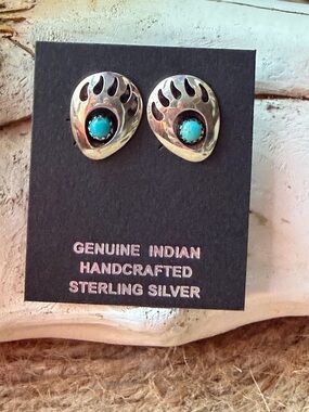 Handcrafted Sterling Silver Turquoise Bear Paw Earrings - Genuine Indian